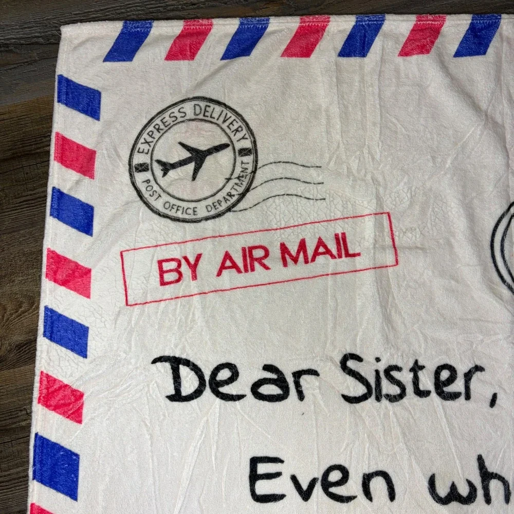 Dear Sister Airmail Letter Fleece Throw Blanket White‎ Red Blue 50x60 Gift Throw