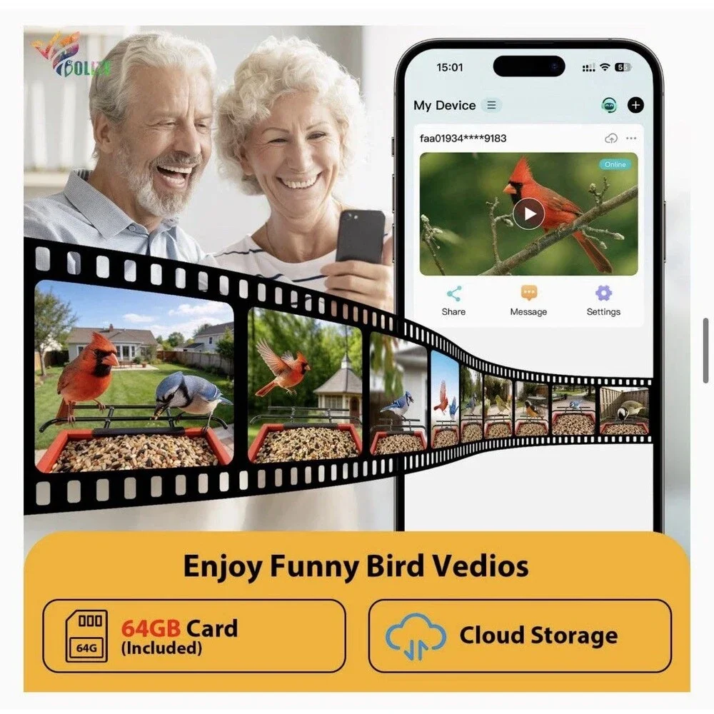 NEW BOLITE Smart AI Identify Bird Feeder w Camera 2.5K Solar Powered App Control