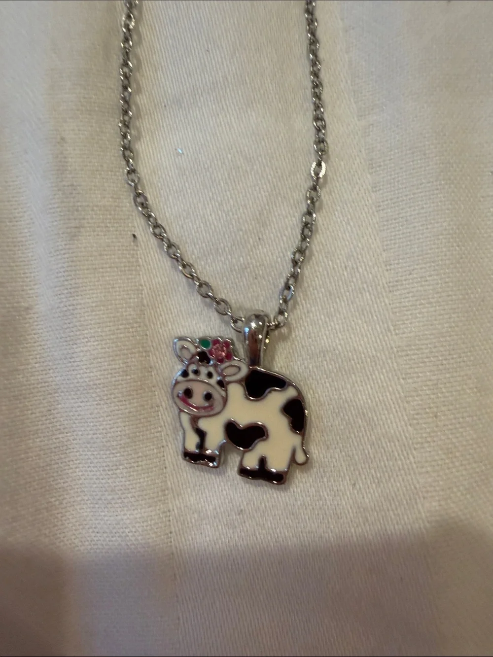 Kids Cow Pendant Necklace in White & Black - Cute Enamel Charm