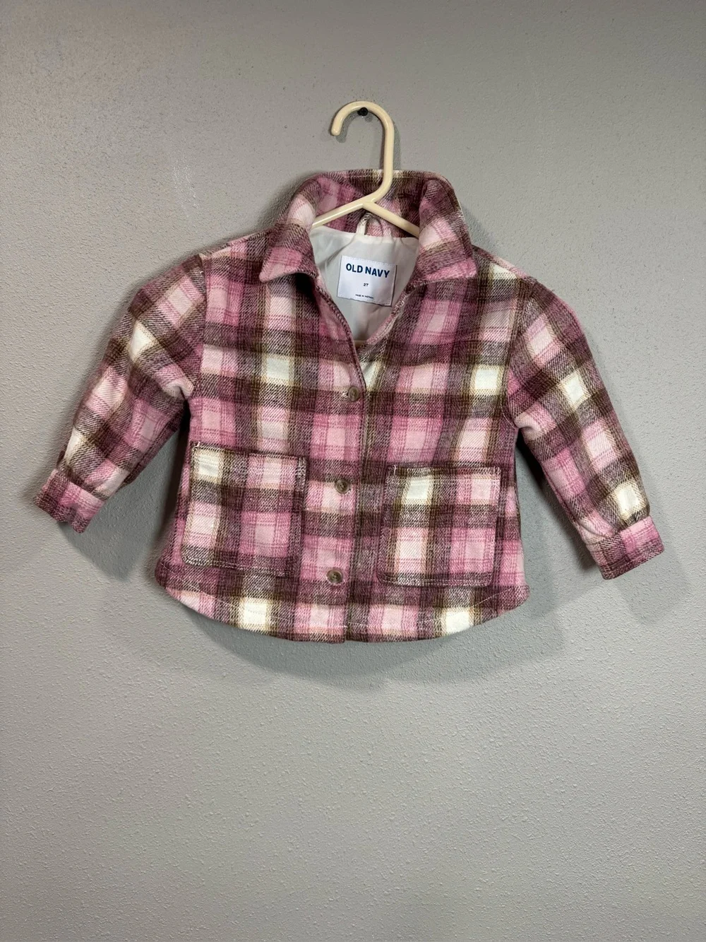 Old Navy Pink & Brown Plaid Button-Up Kids Shirt Jacket