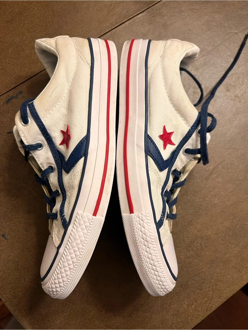 Converse Kids White Canvas Sneakers with Navy Trim and Red Star Accent
