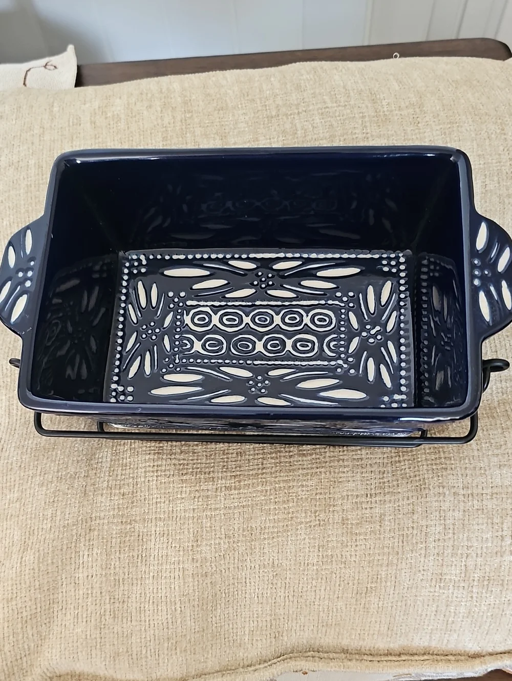 Temp-Tations Navy Blue Ceramic Baker with Decorative Pierced Pattern and Rack