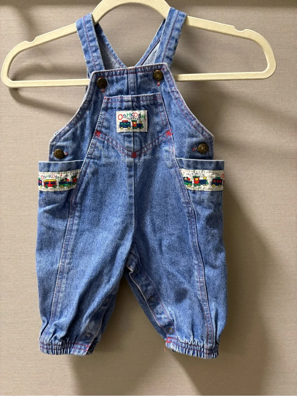 OshKosh B'gosh Vestbak Light Blue Denim Train Trim Overalls Size 3-6 Months