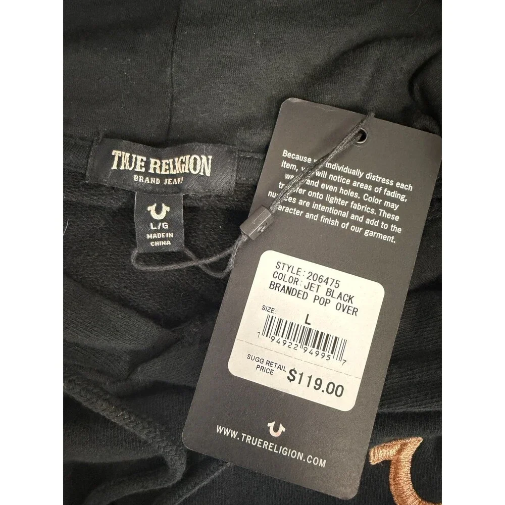 True Religion Men's Branded Pullover Hoodie L Black Rose Gold Logo NWT $119