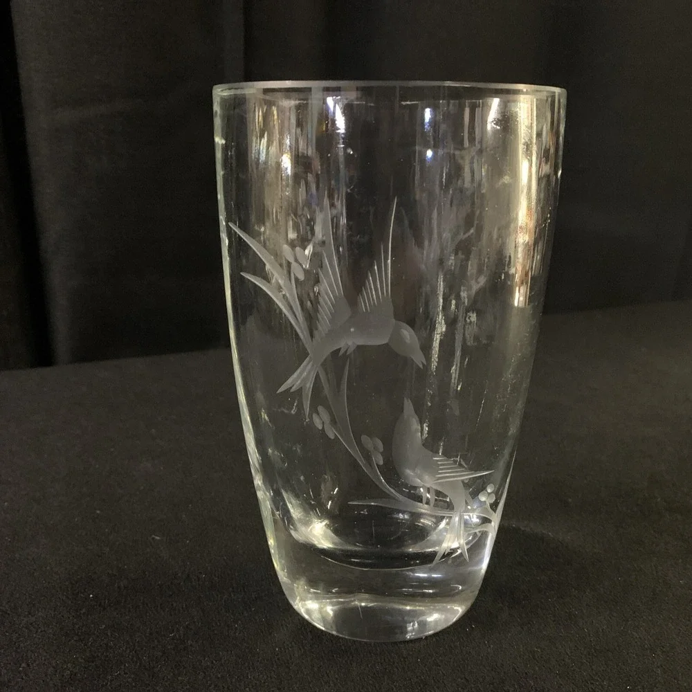 Vintage Art Glass Vase Etched Birds on Branch Oval Heavy Clear 6.5in MCM