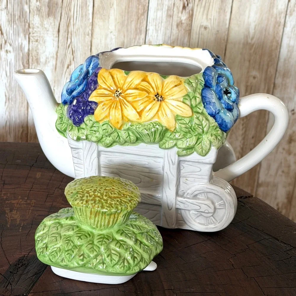 Vintage Ceramic Wheelbarrow Grandmacore Garden Teapot Cottagecore Sunflower