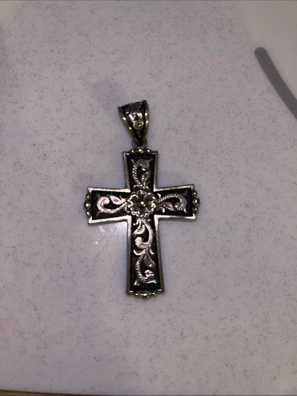 Sterling Silver Filigree Cross Pendant - Blackened Silver Finish