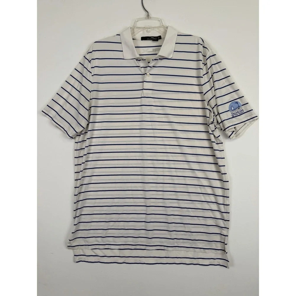 RLX Ralph Lauren Polo Shirt Mens Large Blue Striped The Golf Club @‎ The resort