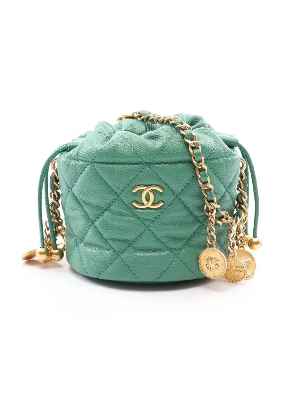 Chanel Shoulder Bag Quilted Mini Bucket Drawstring Green Caviar Leather Chain
