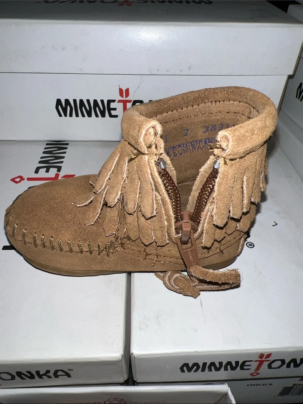 Authentic New in Box, Minnetonka Double Fringe Side Zip Boot infant Size 2