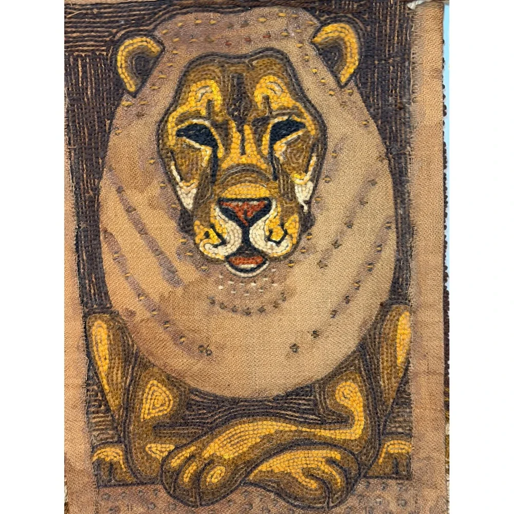 Vintage Latch Hook Lion Wall Hanging Art 70s Boho