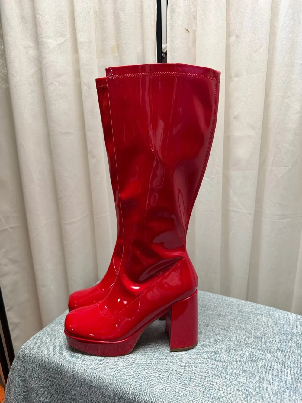 Dream Pairs Red Patent Knee High Platform Boots Chunky Heel Retro Go-Go