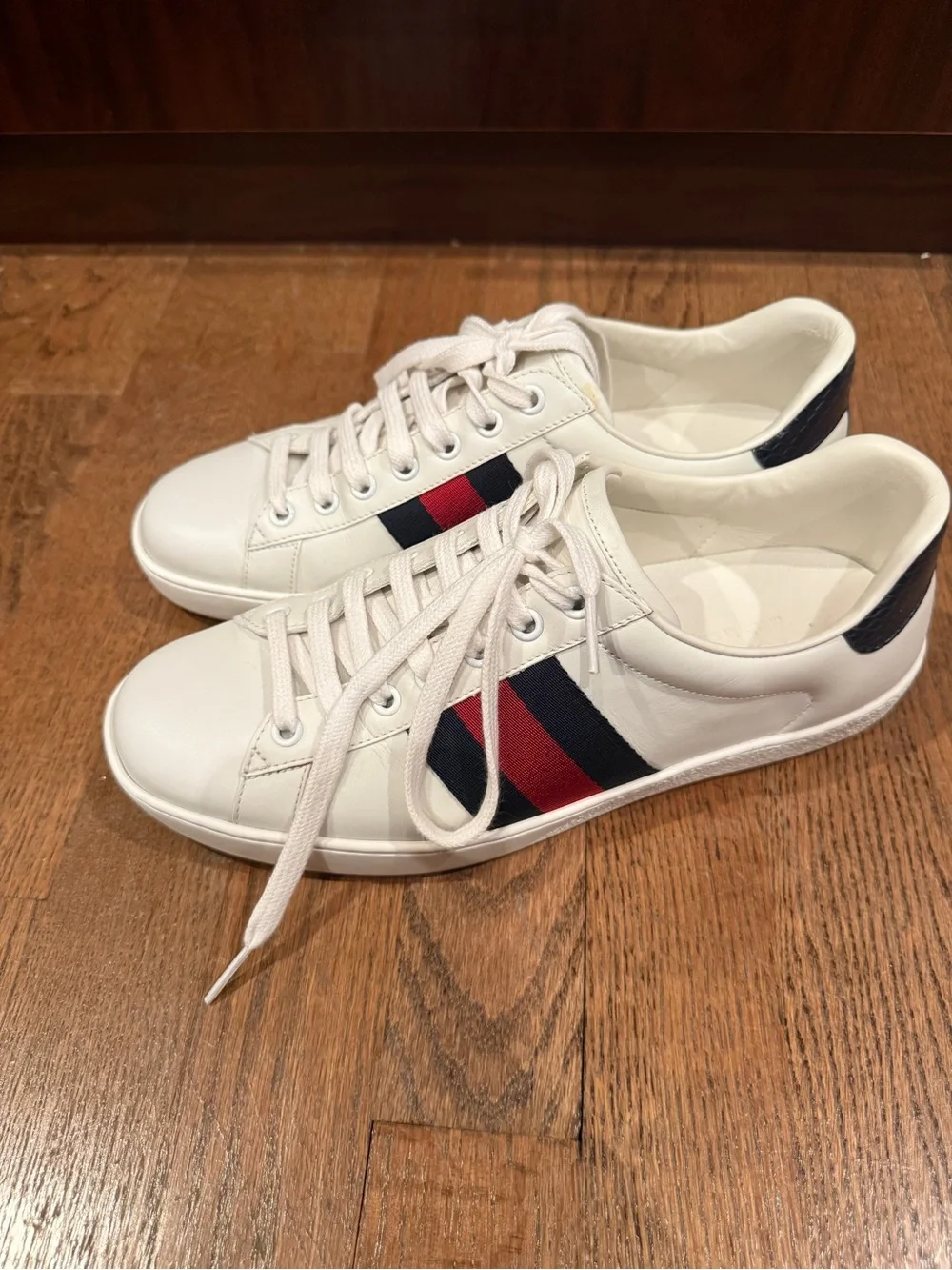 Gucci Ace Classic White Leather Web Stripe Sneakers Navy Snakeskin Heel