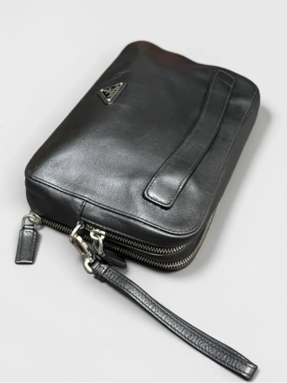 Prada Black Leather Wrist Strap Clutch Double zip Travel Organizer