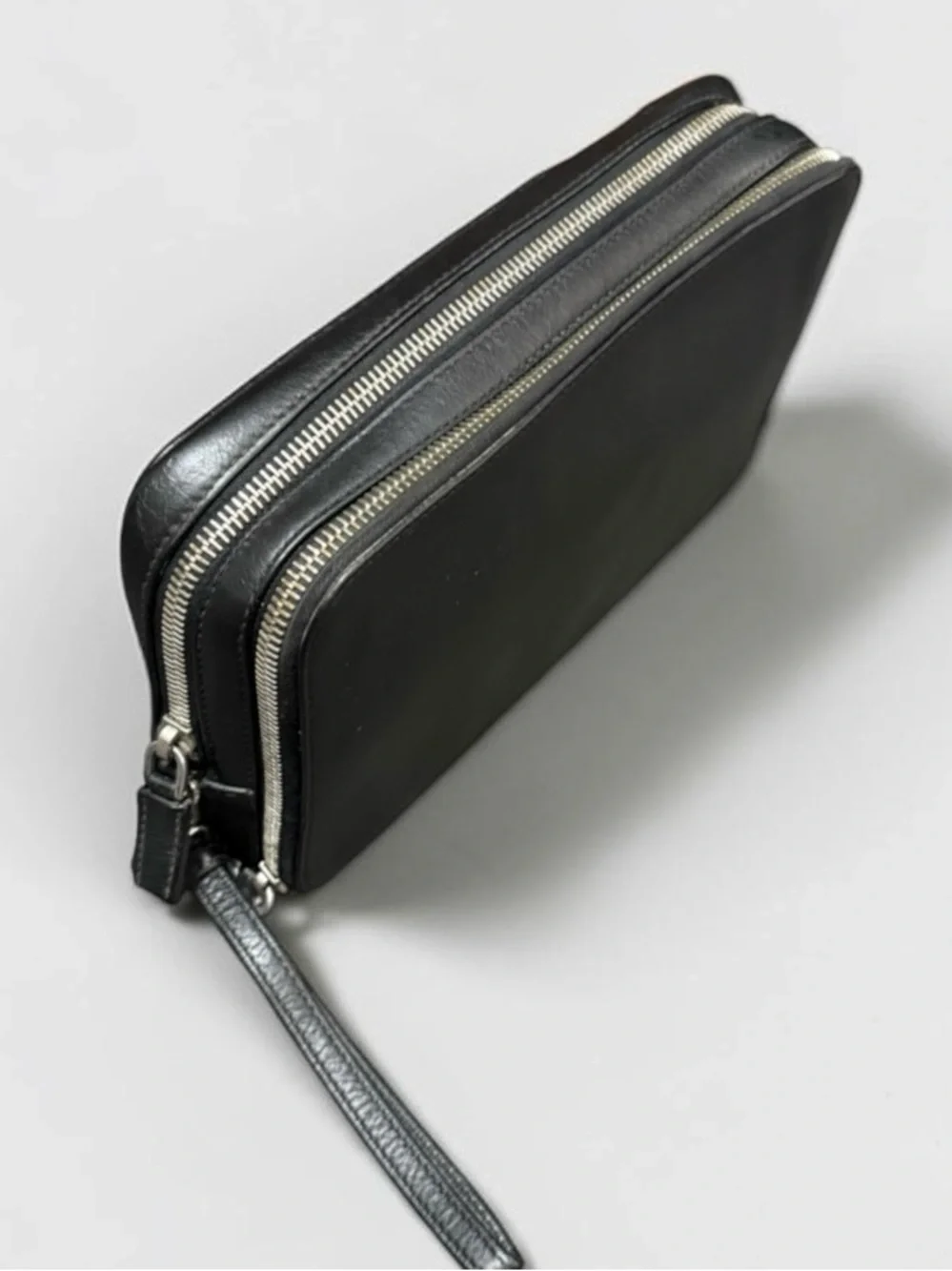 Prada Black Leather Wrist Strap Clutch Double zip Travel Organizer