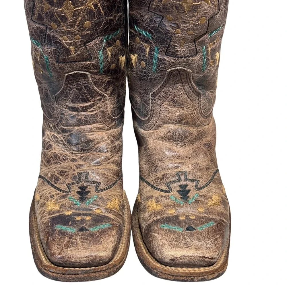 Corral‎ Kids 2.5 Brown Distressed Leather Southwestern Embroidered Cowboy Boots