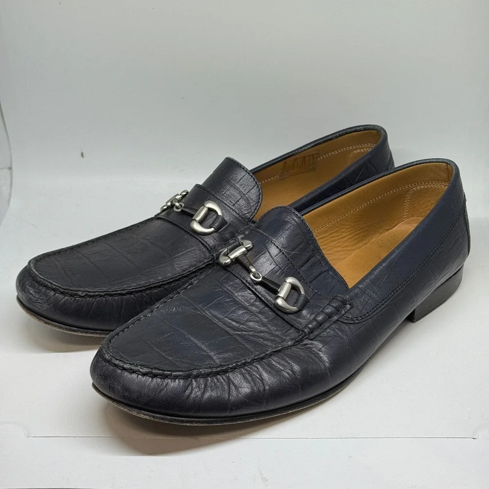 Donald Pliner Mens Blue Embossed Leather Bit‎ Loafer Shoes 11.5M Made in Italy