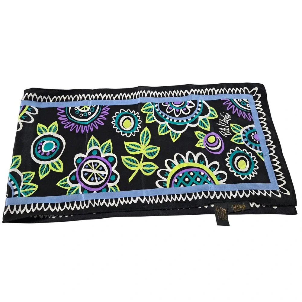 Women's Bob Mackie 100% Silk‎ Scarf Floral Wearable Art Oblong Black 28x9.5