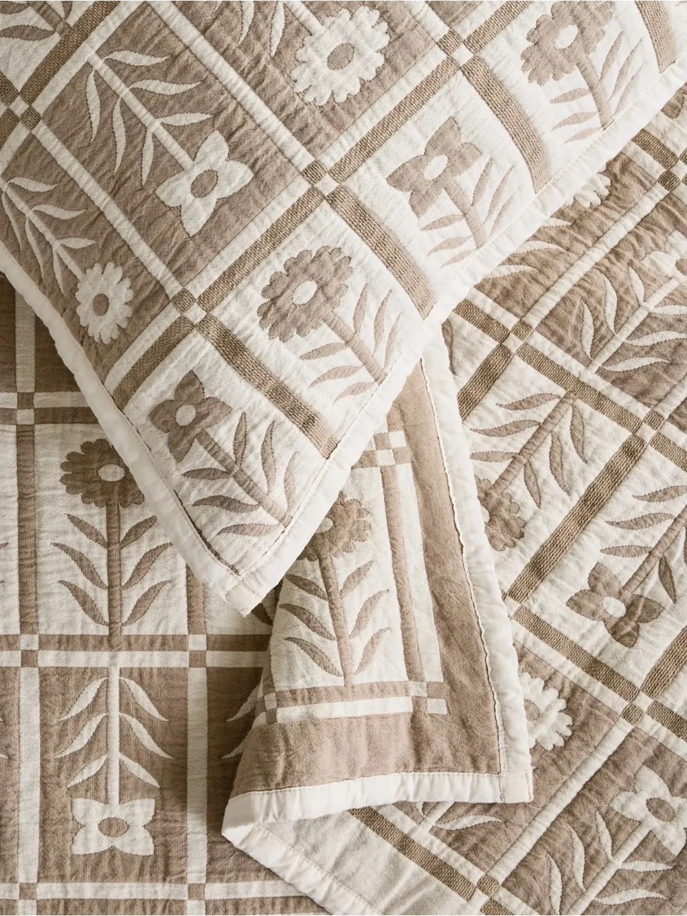 Quince Organic Cotton Jacquard Floral Coverlet only in toffee