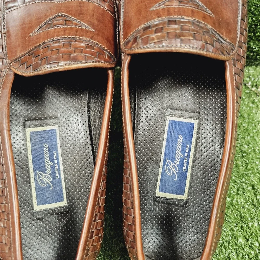 Bragano Brown Leather Slip On Woven Penny Loafer Dress Shoes Mens Size 10 M‎