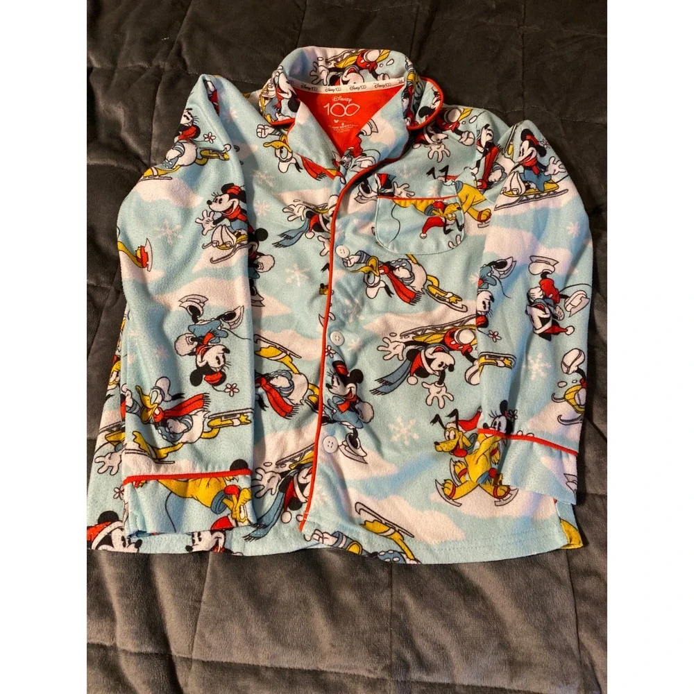 Disney 100 Mickey Mouse Pluto Winter Fleece Pajama Top Blue Red Kids Size 8 0418