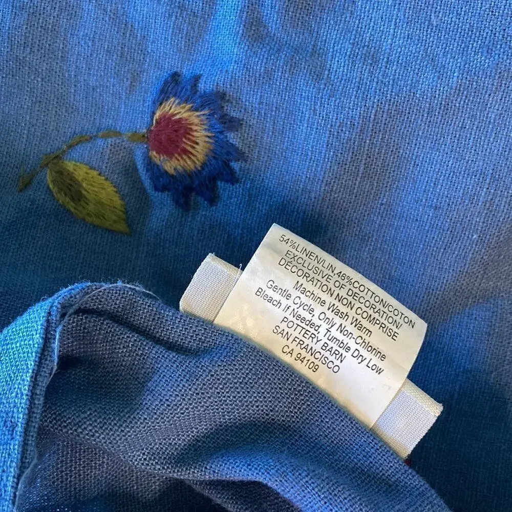 NEW! Pottery Barn Pillow Sham Blue 30” X 24.5” Unused Linen Blend Embroidered
