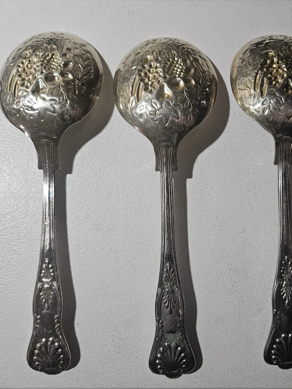 Vintage Sheffield England Set Of Three Fruit Themed Embossed Serving Spoons!