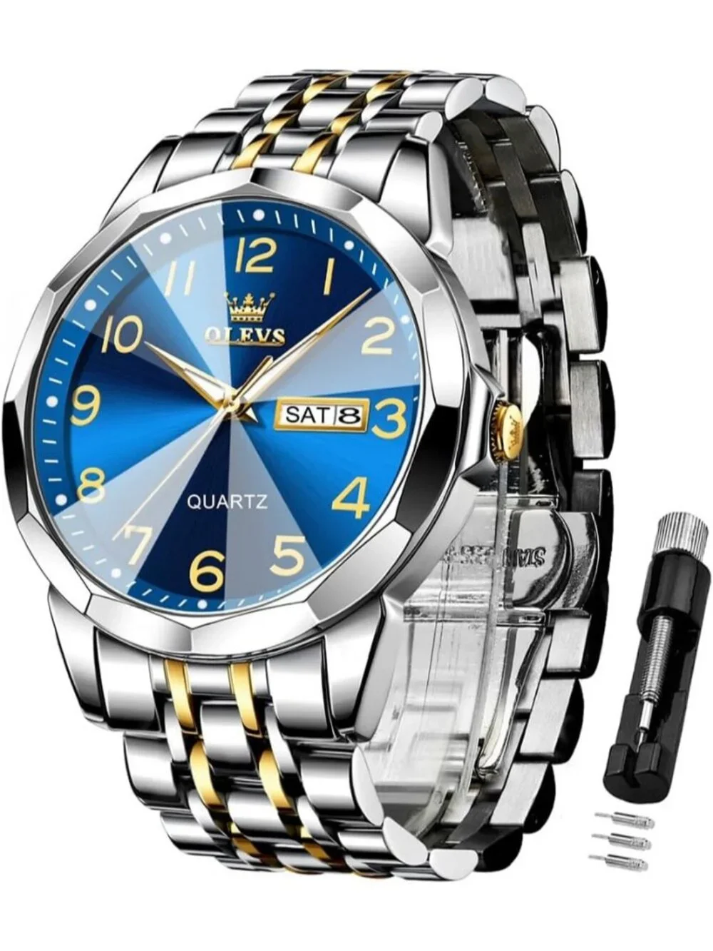 Men's Blue Gold Brown Analog Stainless Steel Waterproof Luminous Date Watches