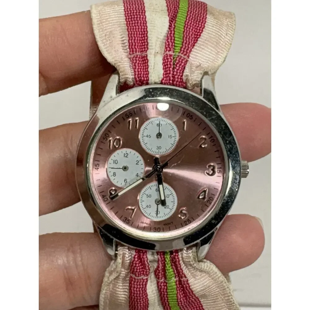 Rachel Weissman Quartz Watch With Faux Sub Dials Pink Nylon Band Needs‎ Battery