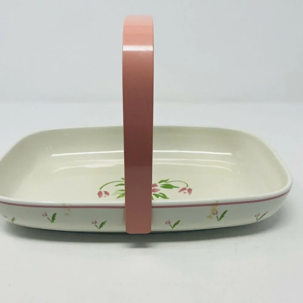 Vintage Teleflora 1985 Ceramic Serving Dish with Handle Pink‎ Floral Print White