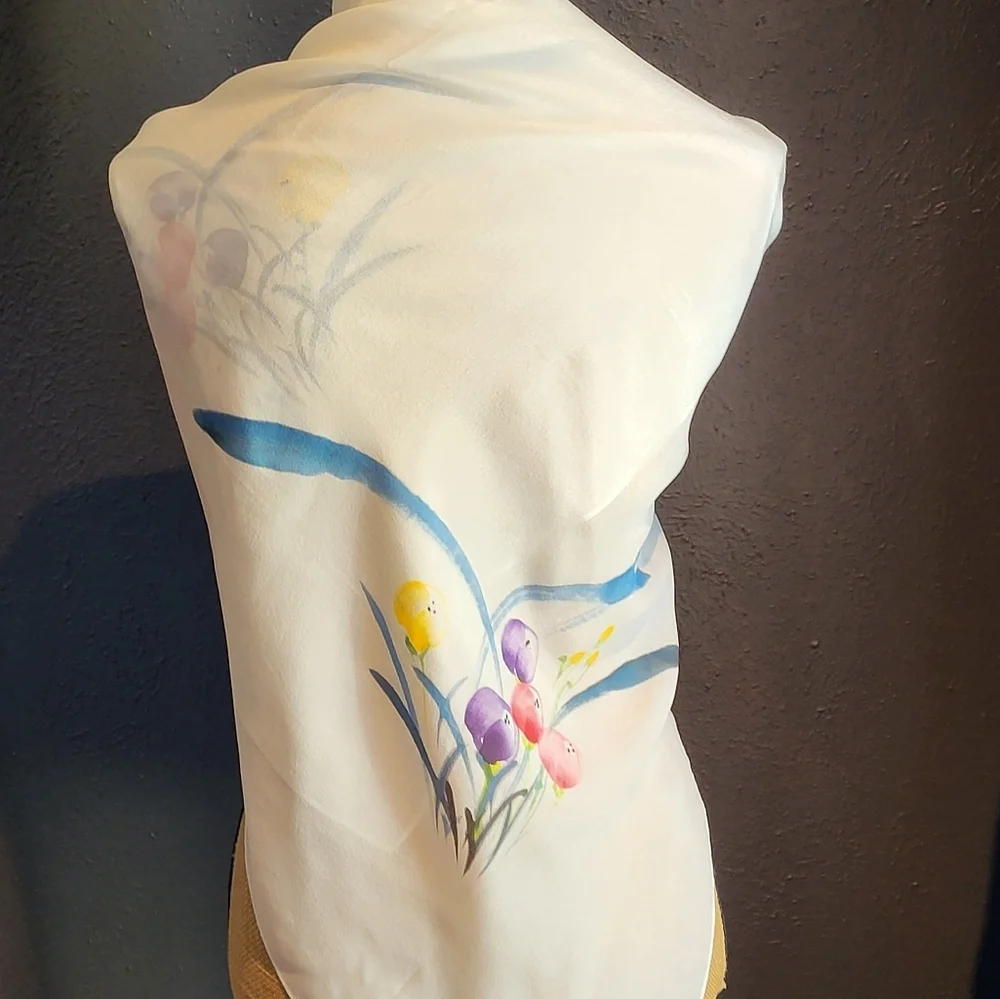 Unbranded White Silk Scarf/Wrap With A Watercolor Floral Design