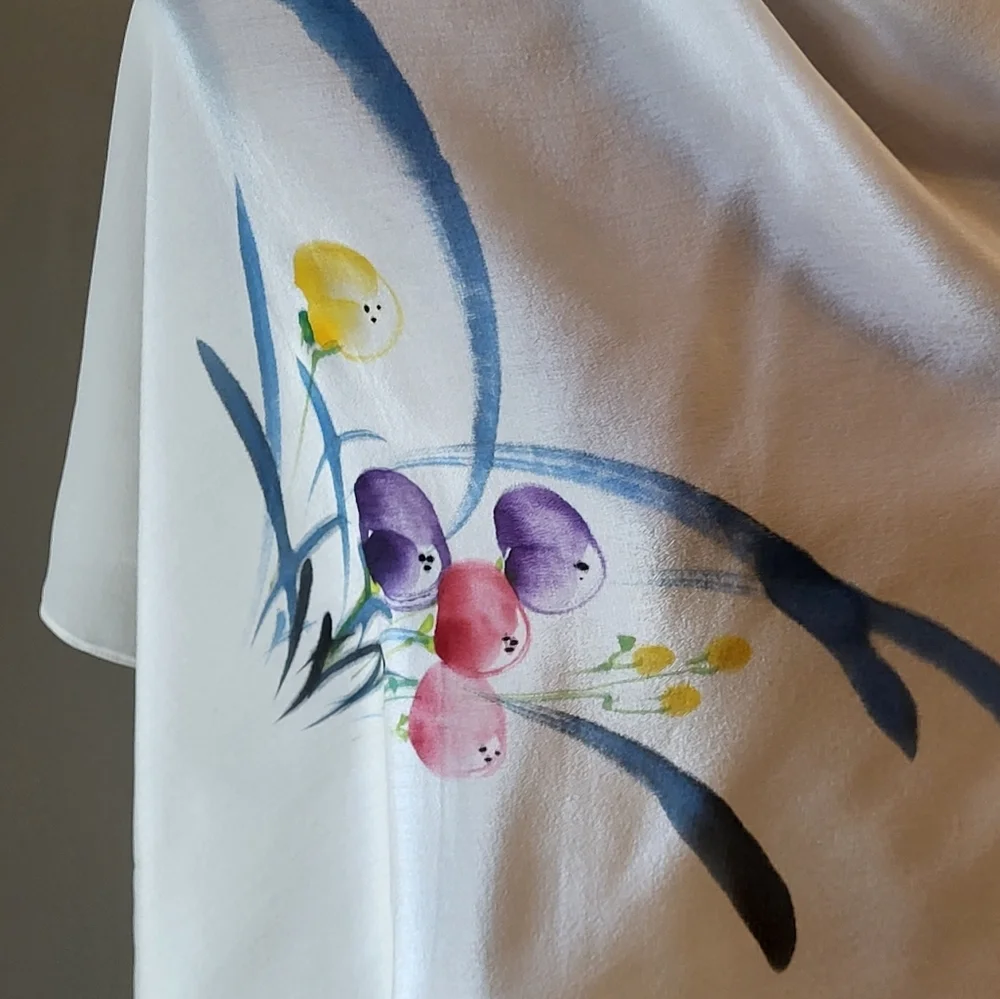Unbranded White Silk Scarf/Wrap With A Watercolor Floral Design