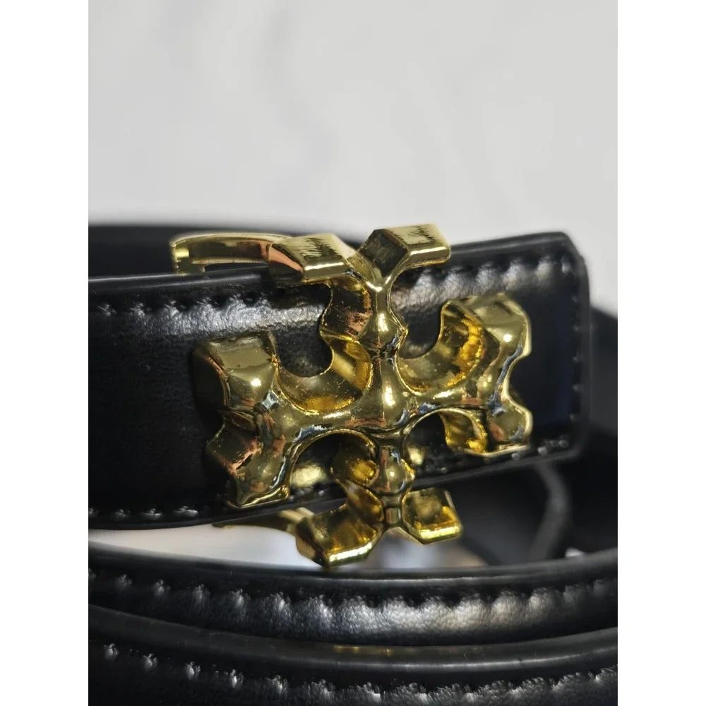 Tory Burch Kira Glazed Logo Belt In Black Womens Medium Adjustable Gold Buckle