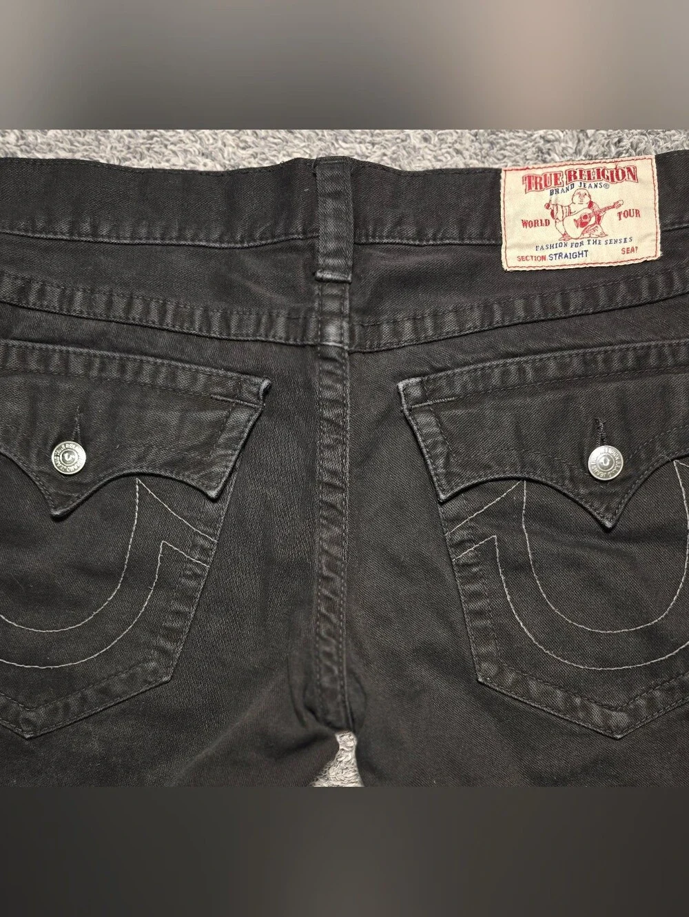 True Religion Black Geno Slim Straight Jeans Flap Pocket Horseshoe 33