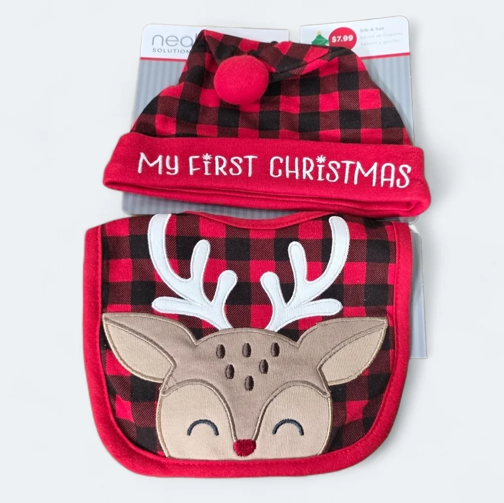 NEW Reindeer My First Christmas Bib and Hat Set Red Black Plaid