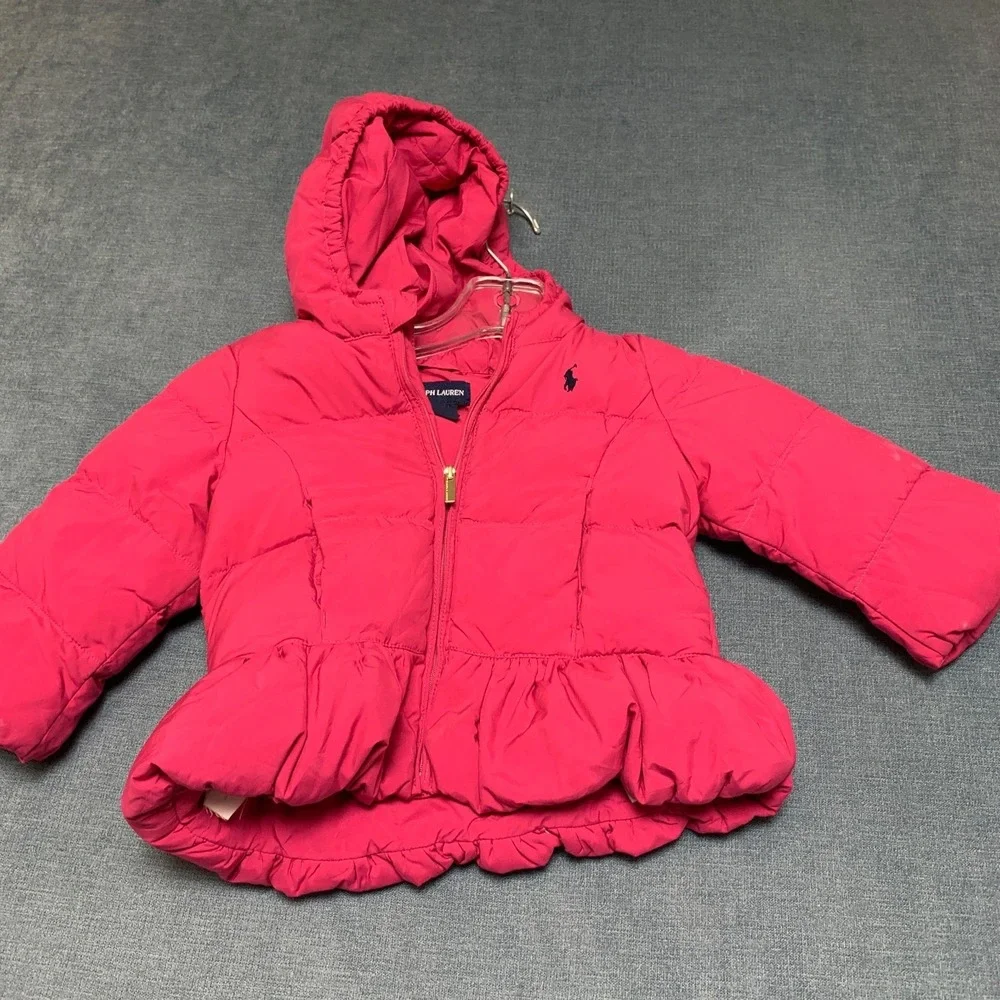 Ralph Lauren Puffer Jacket Girls 18M Pink Ruffle Hem Pony Logo Full‎ Zip Hooded