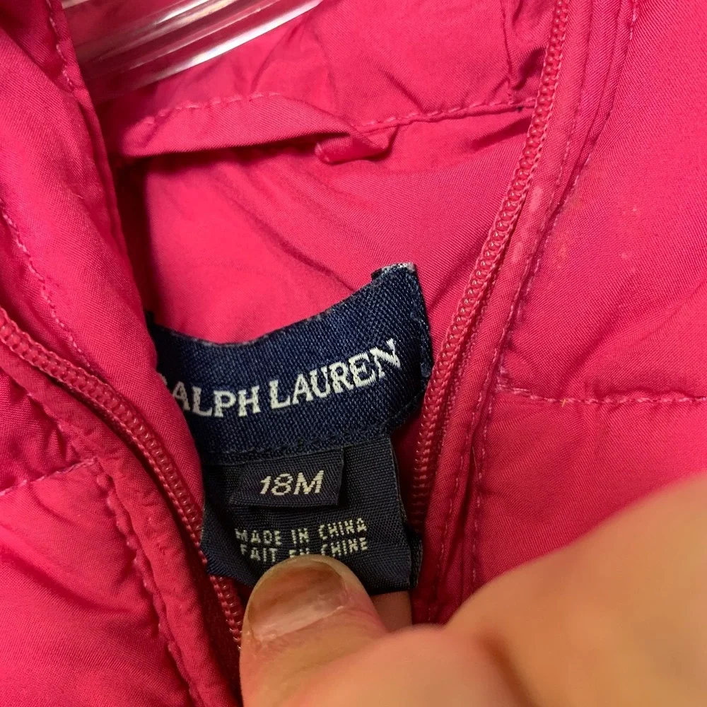 Ralph Lauren Puffer Jacket Girls 18M Pink Ruffle Hem Pony Logo Full‎ Zip Hooded