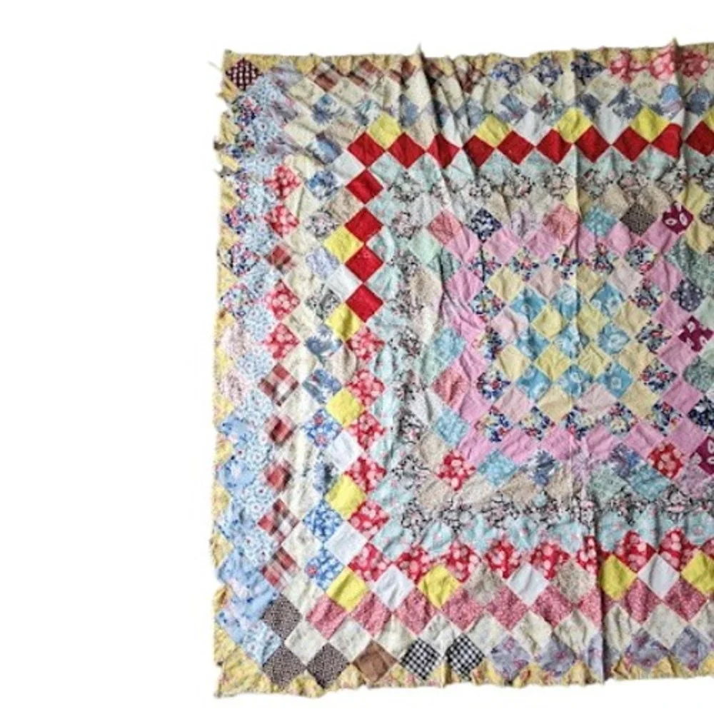 1940s Trip Around World Quilt Top Only Feedsack Patchwork 65x73 Scrap