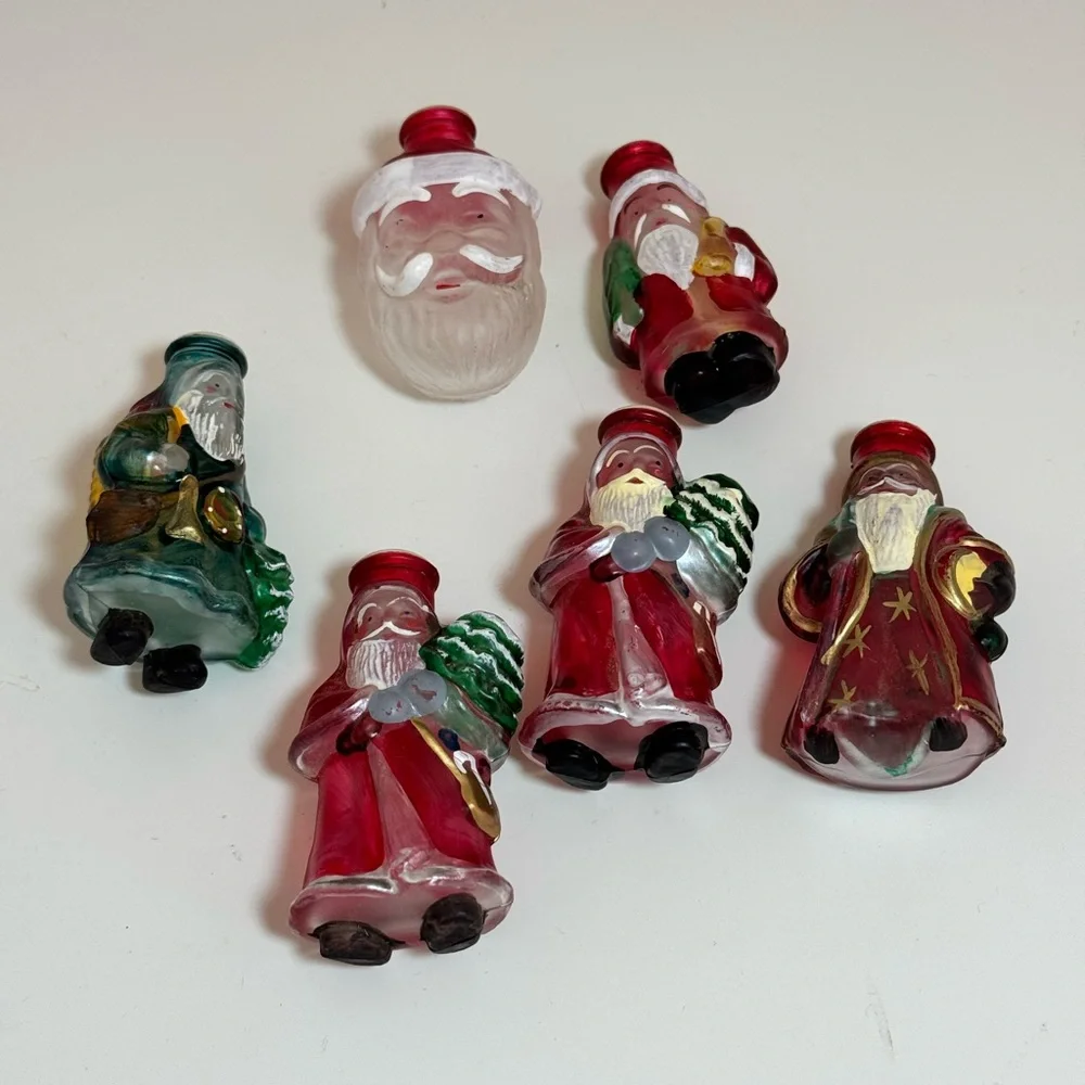 Vintage Hand Painted Glass Santa Claus Light Covers Ornaments Set of 6 Retro