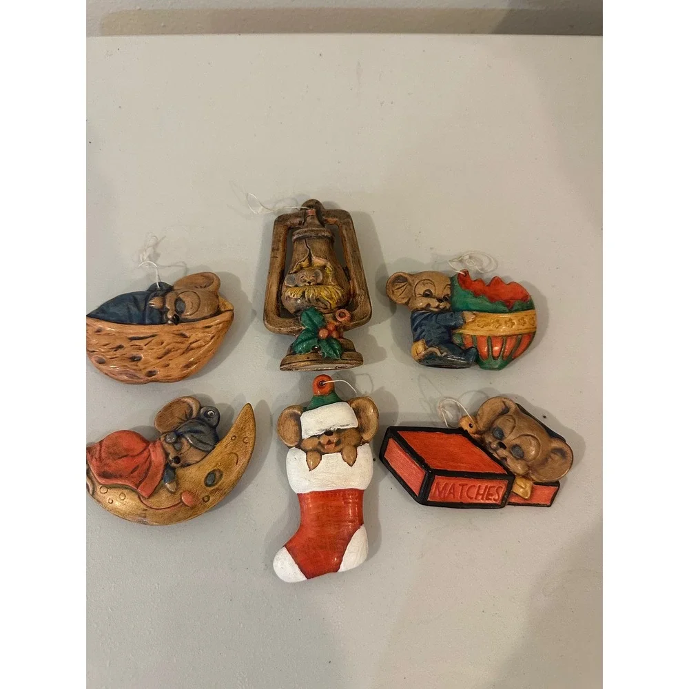 Vintage 1979 BJP Hand Painted Christmas Mouse Ornaments Set of 6 Mixed Lot