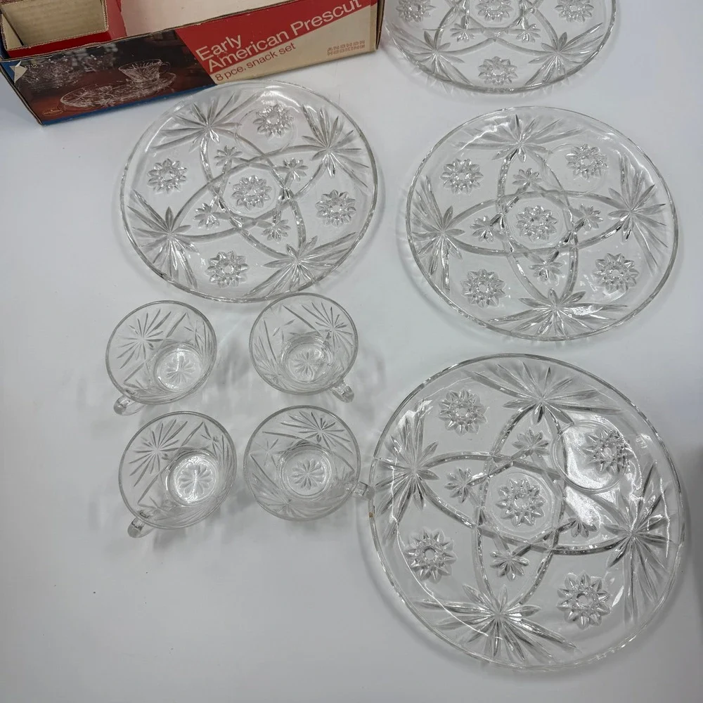 Anchor Hocking Snack Set‎ 8 Piece Clear Early American Prescut Star Glass