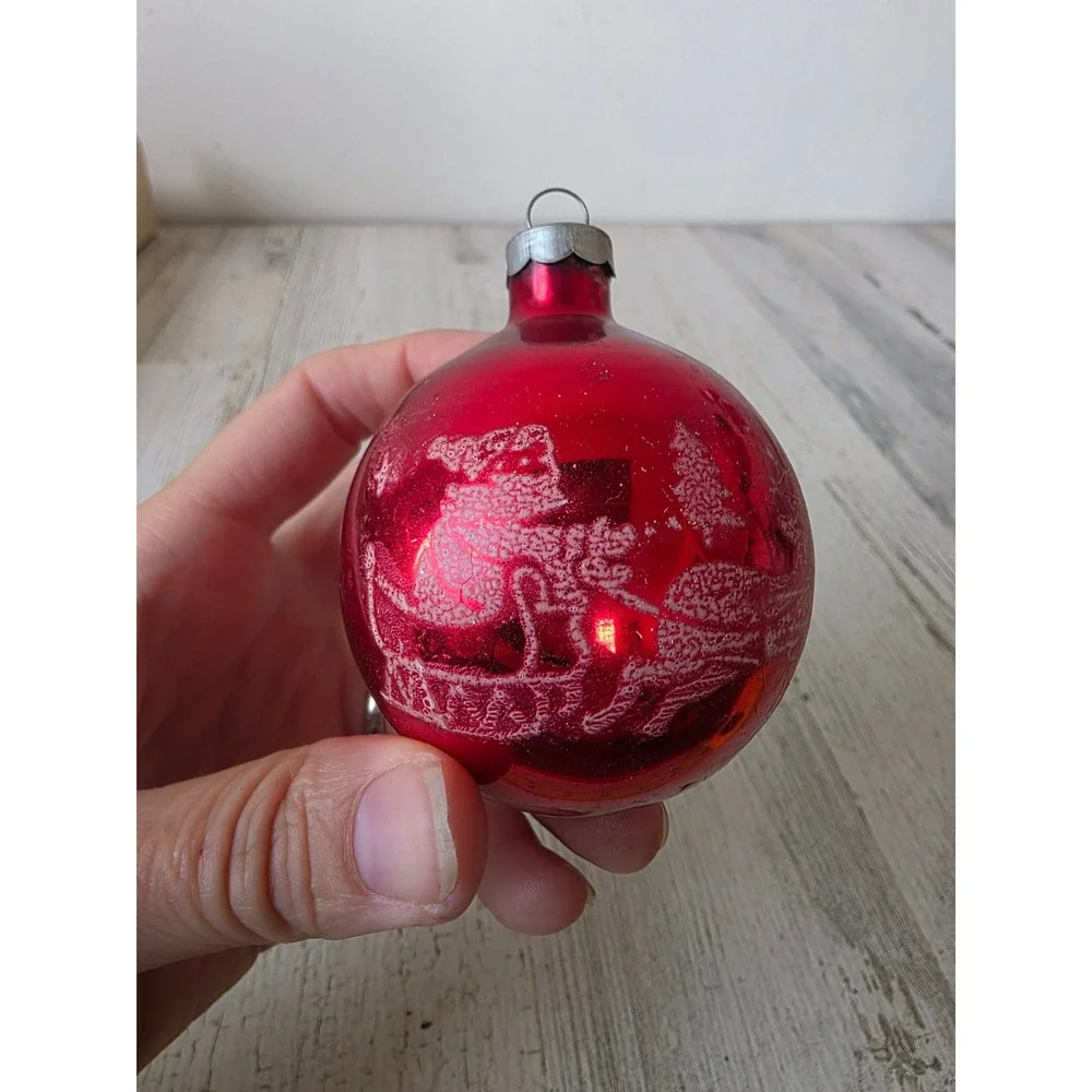 Vintage red Santa dear stencil glass ornament reindeer scene Xmas tree