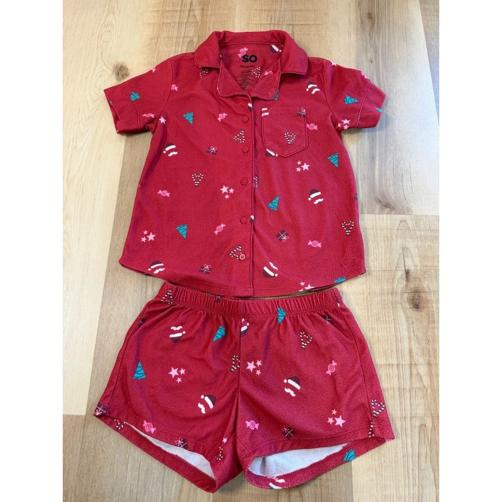 SO Girls Christmas Pajama Set Red Fleece Short Sleeve Shirt Shorts XS 6 6X
