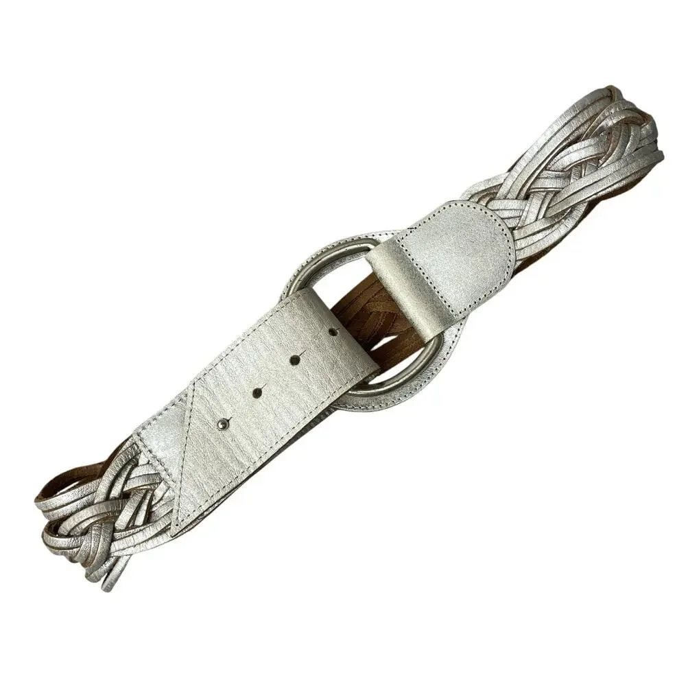 Chicos Woven Leather Belt Womens Small Metallic Silver D Ring Buckle Wide Boho