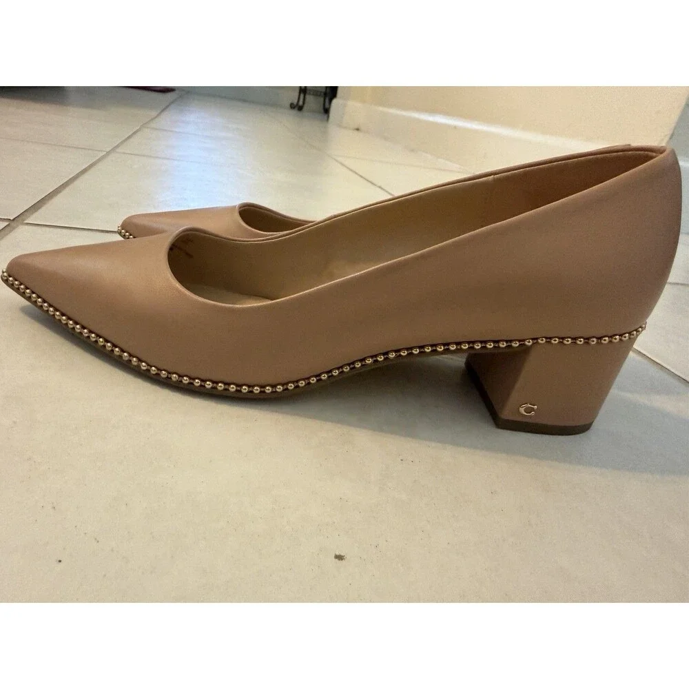 COACH Women’s Beige Pointed Toe Studded Trim Solid Slip-On Block Heel Pumps