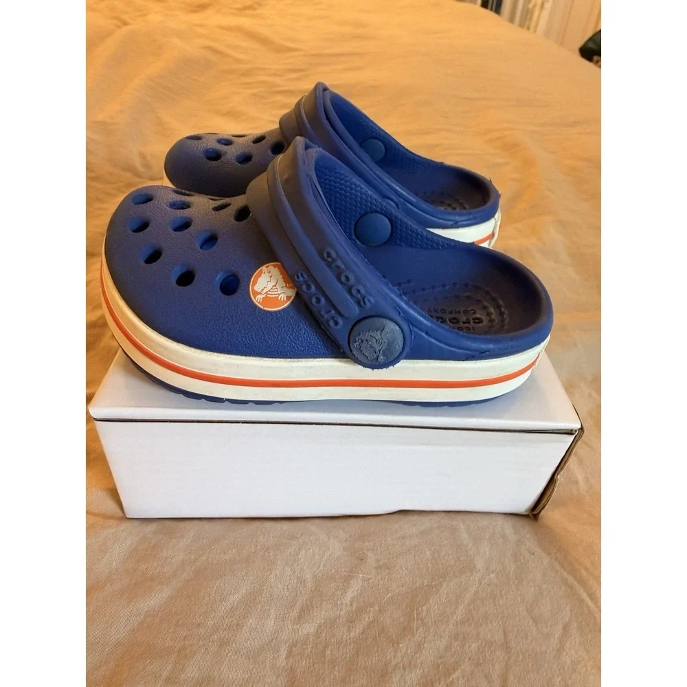Crocs Baby Toddler Shoes C4 Navy Blue White Red‎ Slip On Water Clogs