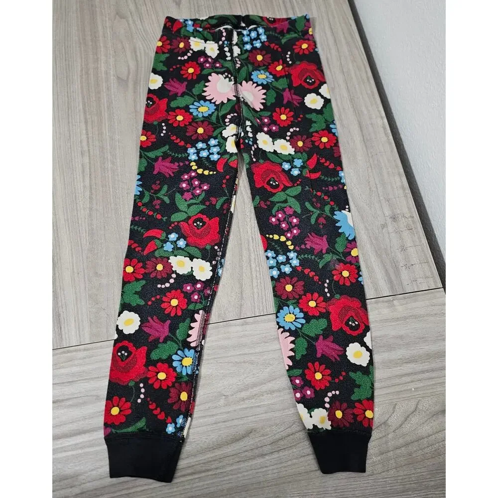 Hanna Andersson Pajama Set Black Red Blue Green Floral Flowers Festive Girls 6-7