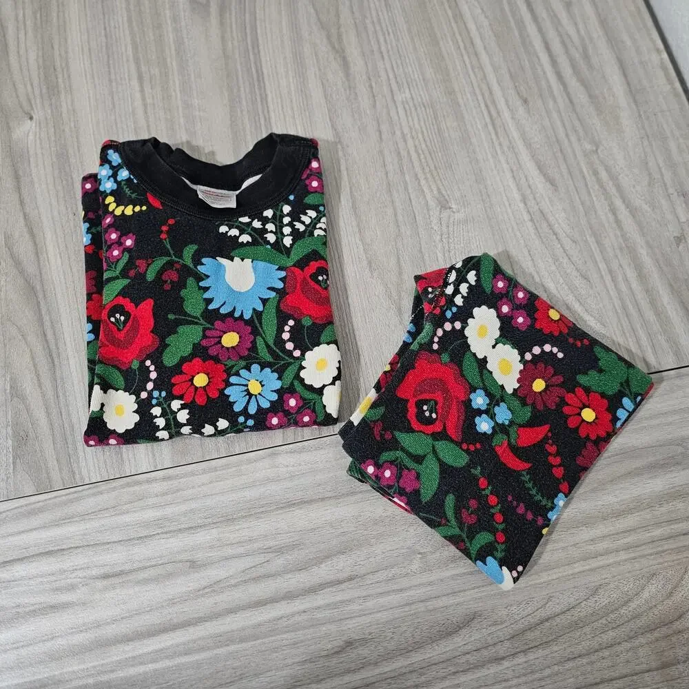 Hanna Andersson Pajama Set Black Red Blue Green Floral Flowers Festive Girls 6-7
