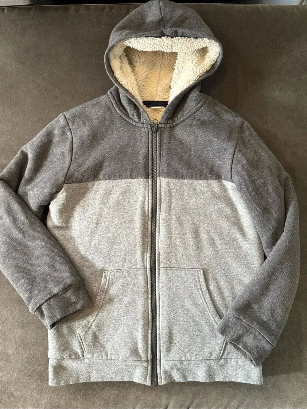 Old Navy Kids Gray Zip-Up Hoodie Sweatshirt Cream Sherpa Lining Size XL 14-16