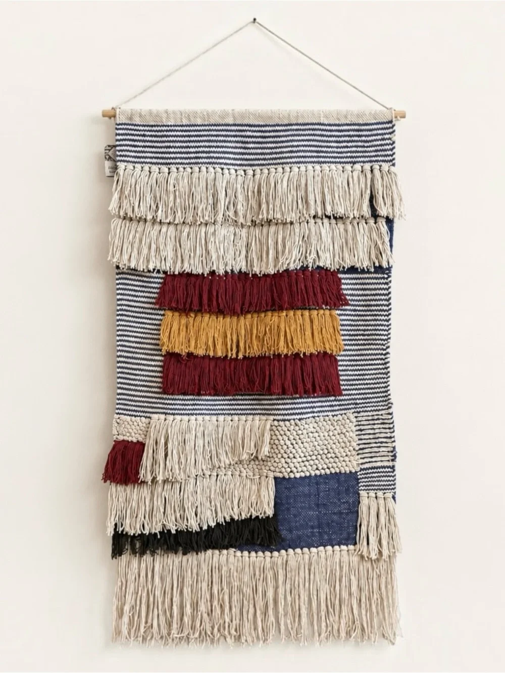 Artisan Market Boho Woven Wall Hanging Navy Burgundy Cotton Fringe Tapestry NWT